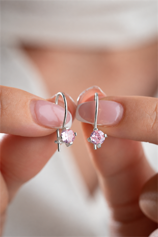 925 Ayar Gümüş Rodyum Kaplama Pembe Zirkon Tektaş  Mengeçli Küpe