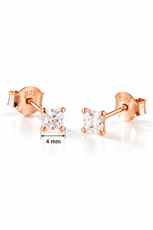 925 Ayar Gümüş Rose Kaplama 4 mm Kare Star Kesim Minimal Tektaş Küpe