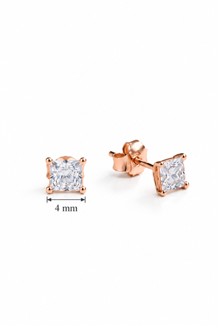 925 Ayar Gümüş Rose Kaplama 4 mm Kare Star Kesim Minimal Tektaş Küpe