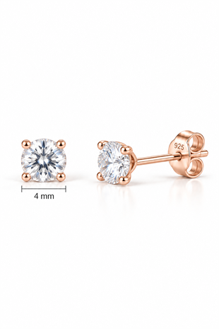 925 Ayar Gümüş Rose Kaplama 4 mm Yuvarlak Star Kesim Minimal Tektaş Küpe
