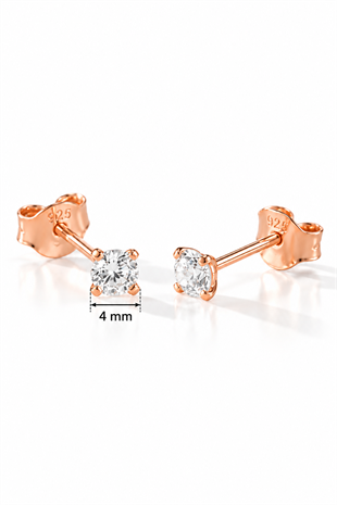 925 Ayar Gümüş Rose Kaplama 4 mm Yuvarlak Star Kesim Minimal Tektaş Küpe