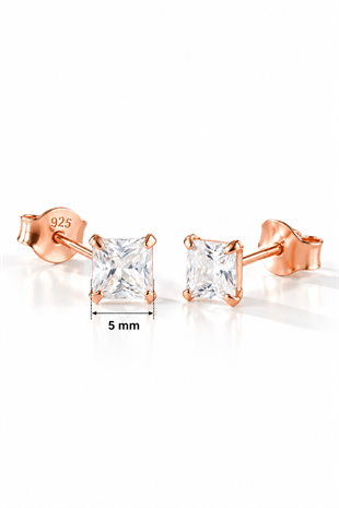 925 Ayar Gümüş Rose Kaplama 5 mm Kare Star Kesim Minimal Tektaş Küpe