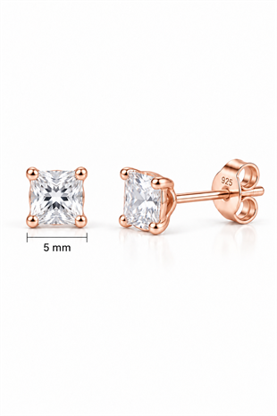 925 Ayar Gümüş Rose Kaplama 5 mm Kare Star Kesim Minimal Tektaş Küpe