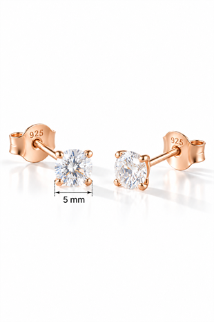 925 Ayar Gümüş Rose Kaplama 5 mm Yuvarlak Star Kesim Minimal Tektaş Küpe