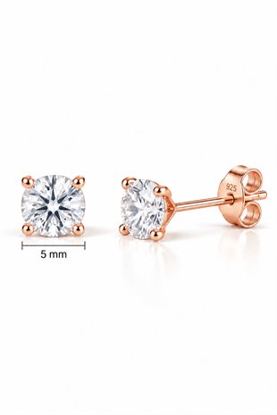 925 Ayar Gümüş Rose Kaplama 5 mm Yuvarlak Star Kesim Minimal Tektaş Küpe