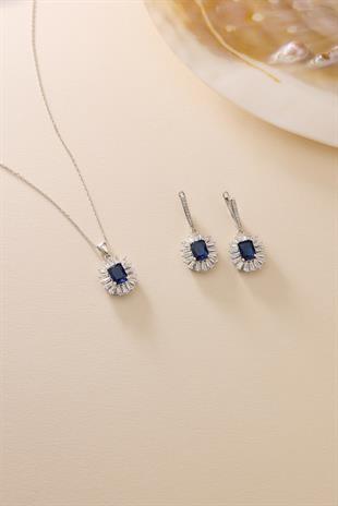 925 Ayar Gümüş Set Rodyum Kaplama Baget Mavi Taşlı Kolye ve Küpe