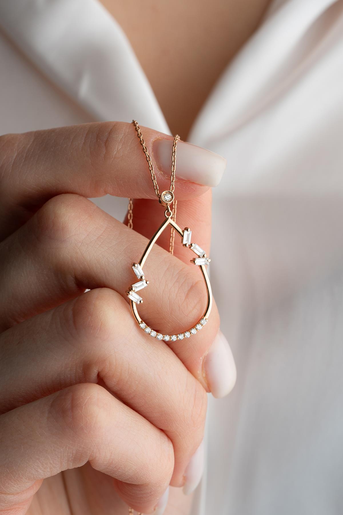 14 Ayar Altın 0.39 Ct Pırlantalı Rose Gold Damla Model Kolye