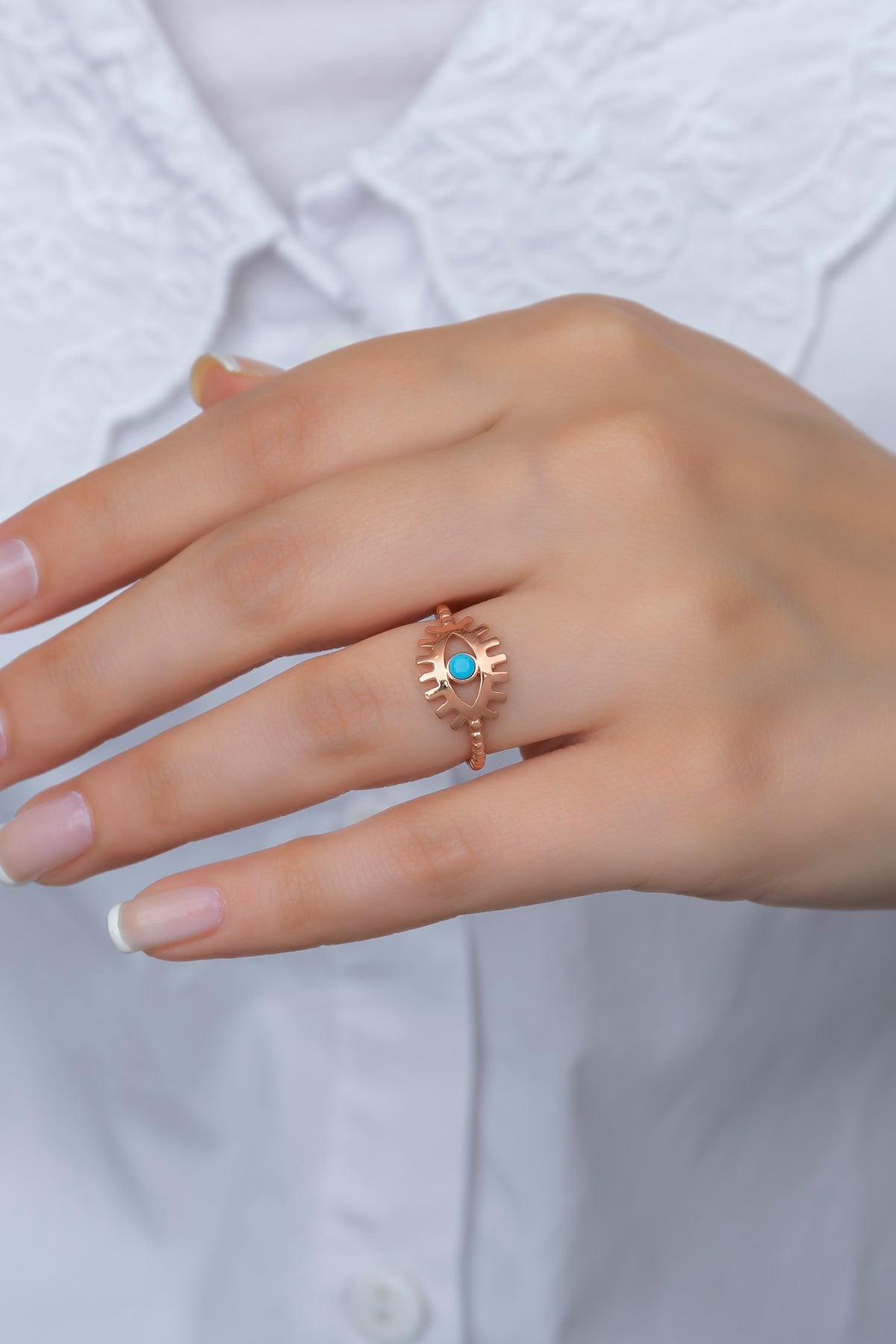 925 Ayar Ayarlanabilir Rose Opal Taşlı Göz Gümüş Yüzük