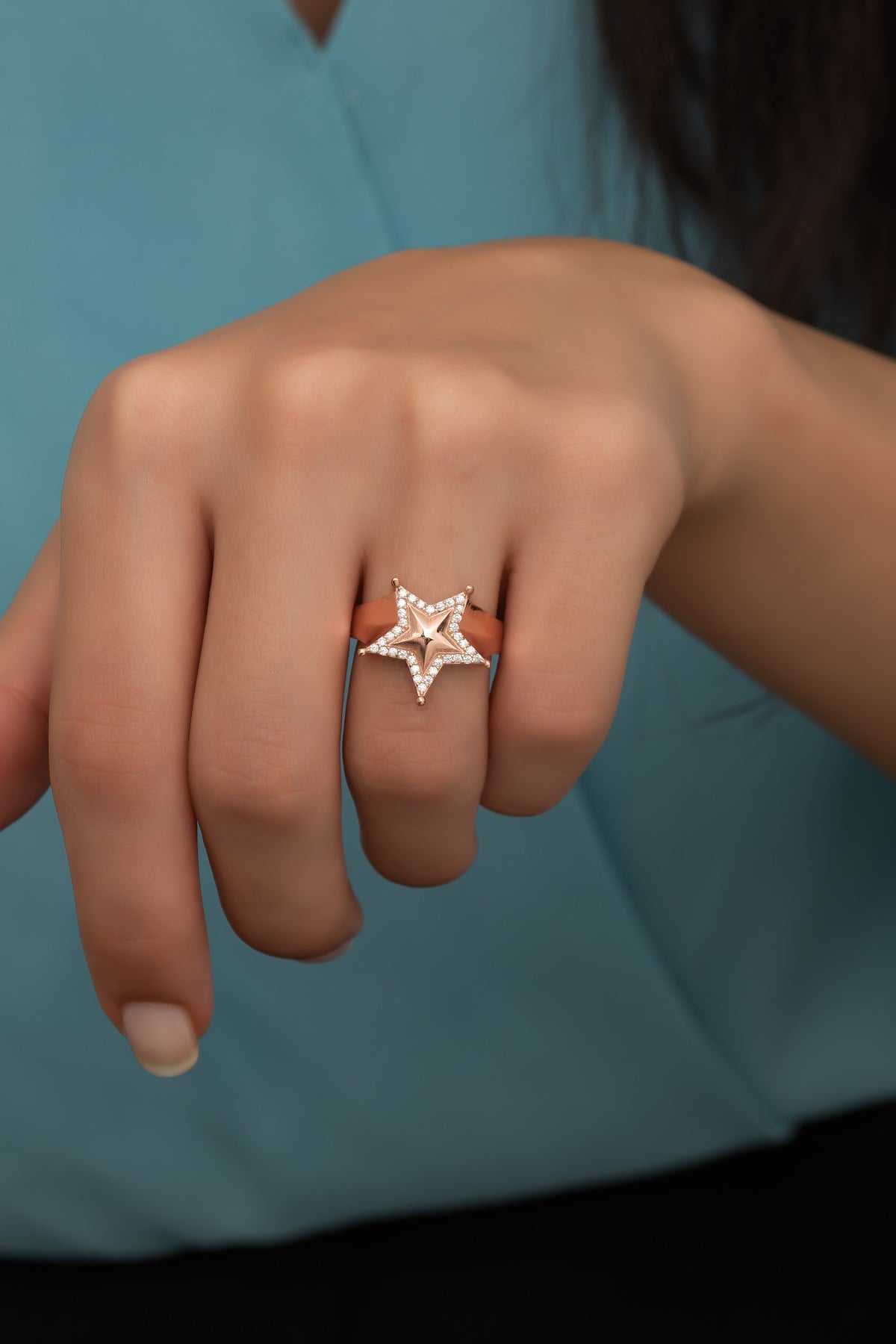 925 Ayar Ayarlanabilir Rose Zirkon Taşlı Yıldız Gümüş Yüzük
