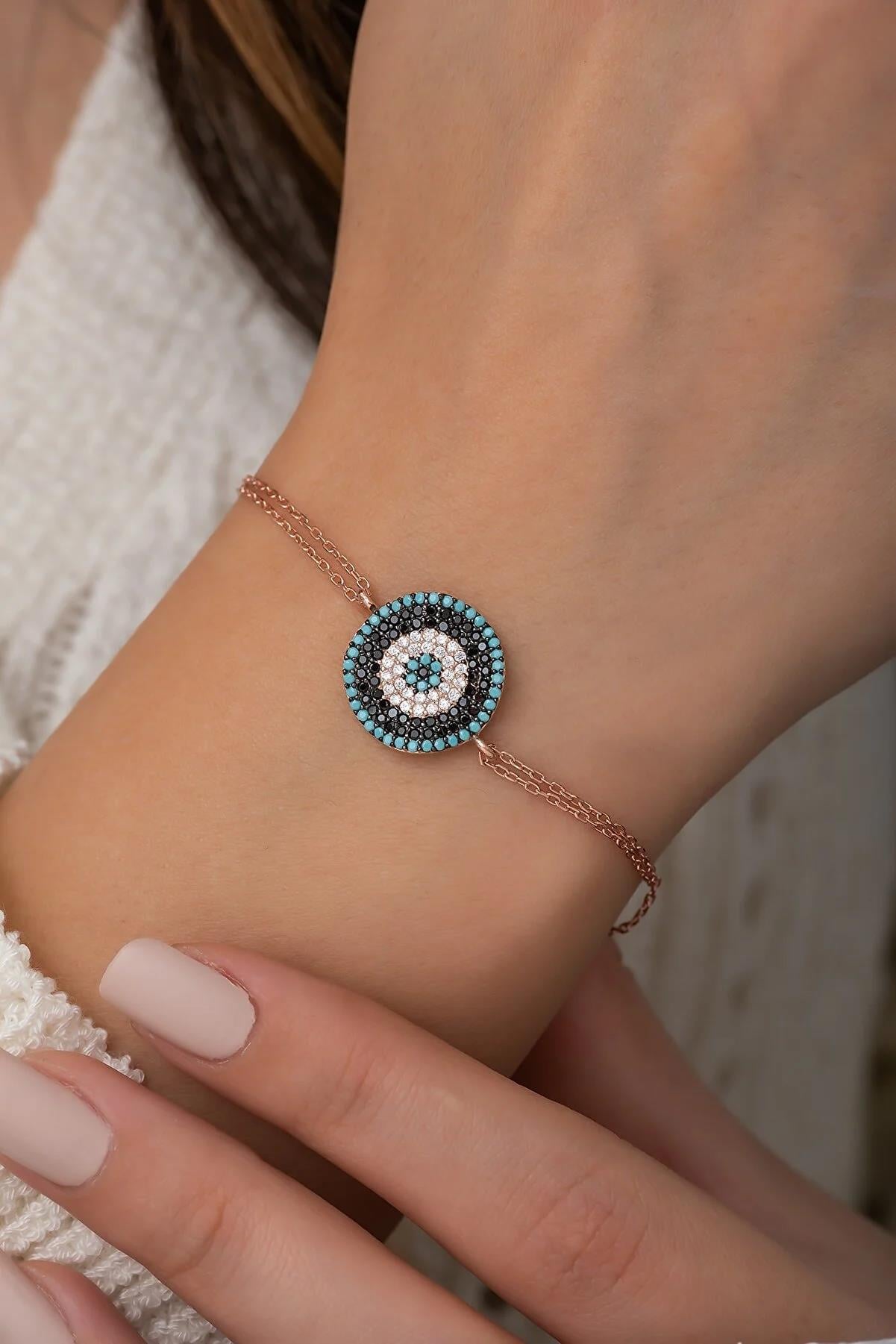 925 Ayar Dalgalı Model Nazar Bileklik Bayan Gümüş Bileklik