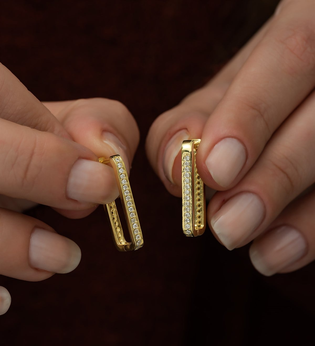925 Ayar Gold Dikdörtgen Küpe Kadın Gümüş Küpe