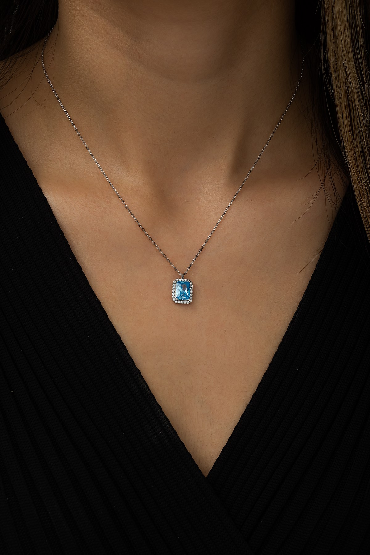 925 Ayar Gümüş Aquamarin Taşlı Tektaş Kolye Kadın Gümüş Kolye