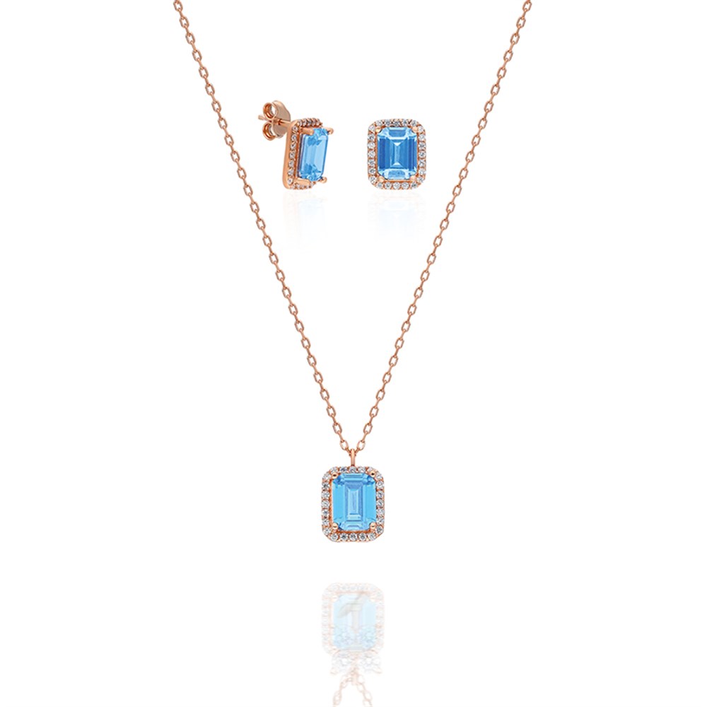 925 Ayar Gümüş Aquamarin Taşlı Tektaş Küpe ve Kolye Set 