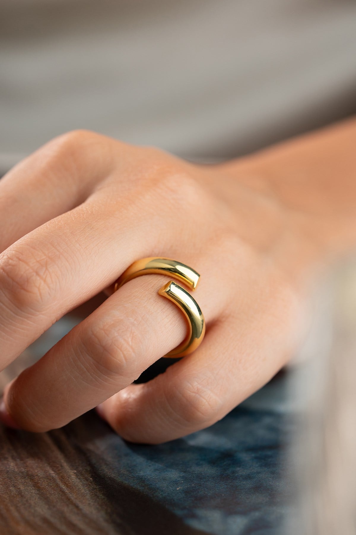 925 Ayar Gümüş Ayarlanabilir Gold Kaplama Kalın Model Şarnel Yüzük