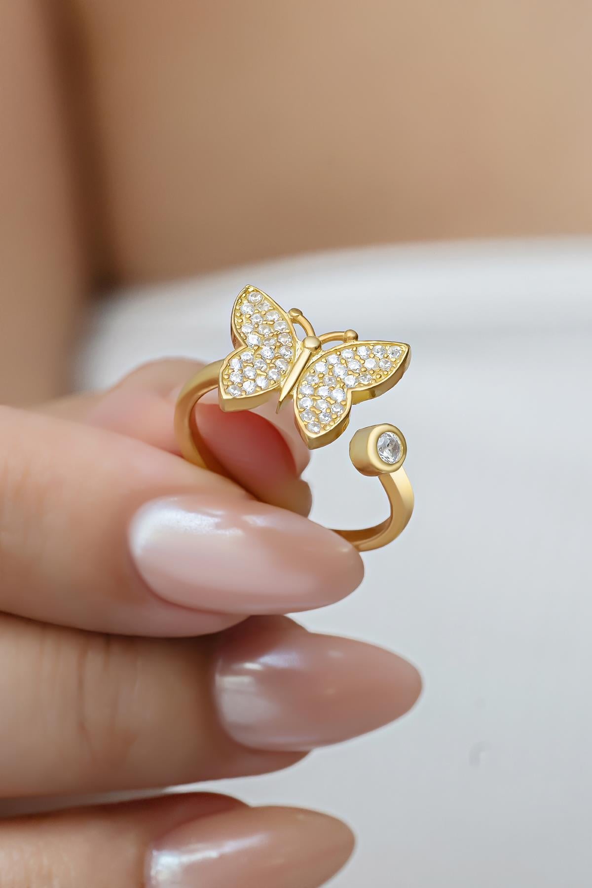 925 Ayar Gümüş Ayarlanabilir Gold Kelebek Yüzük