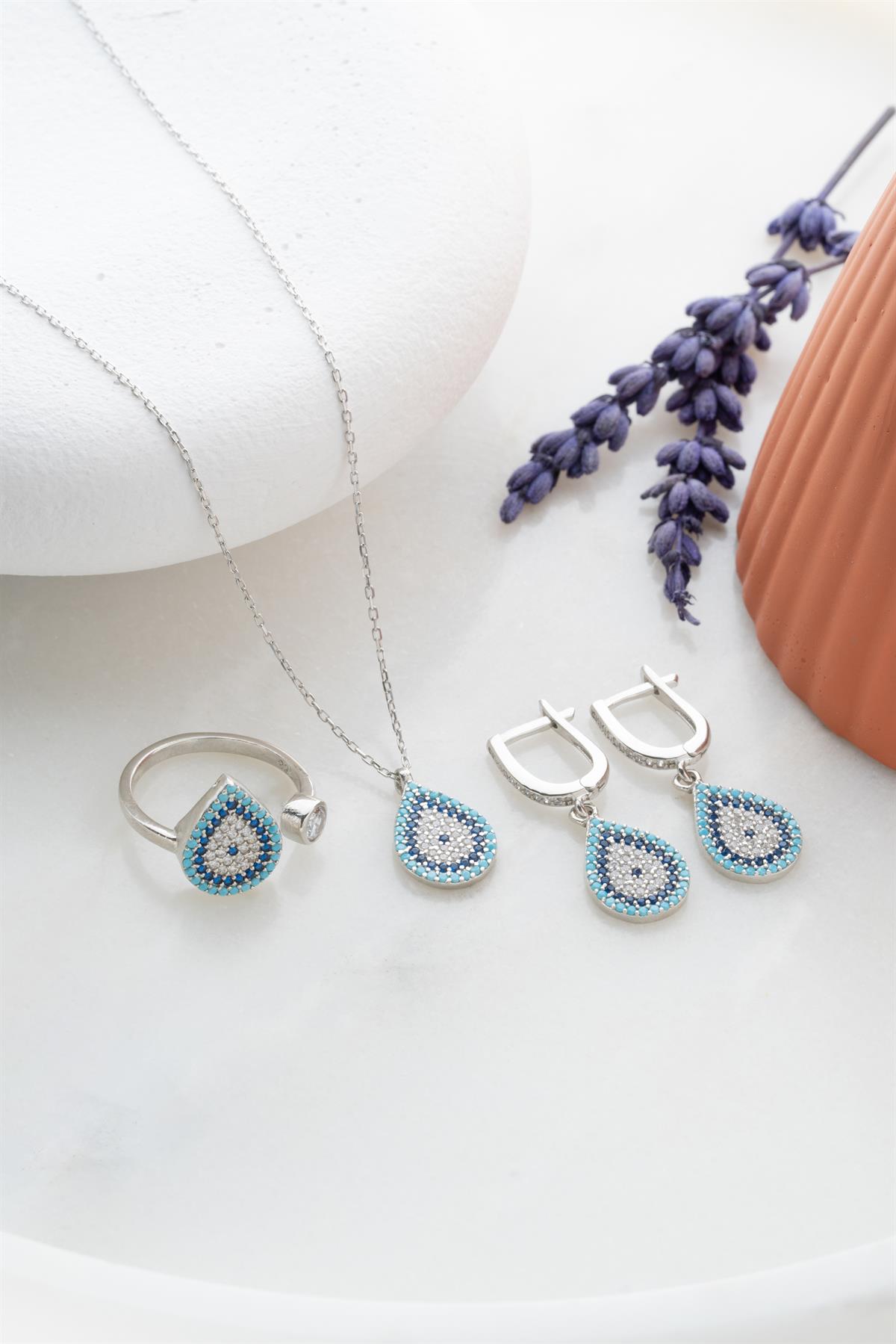 925 Ayar Gümüş Damla Nazar Model Küpe Yüzük Ve Kolye Set