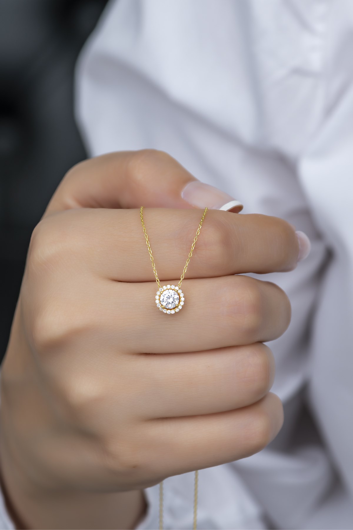 925 Ayar Gümüş Gold Elmas Montür Tektaş Kolye