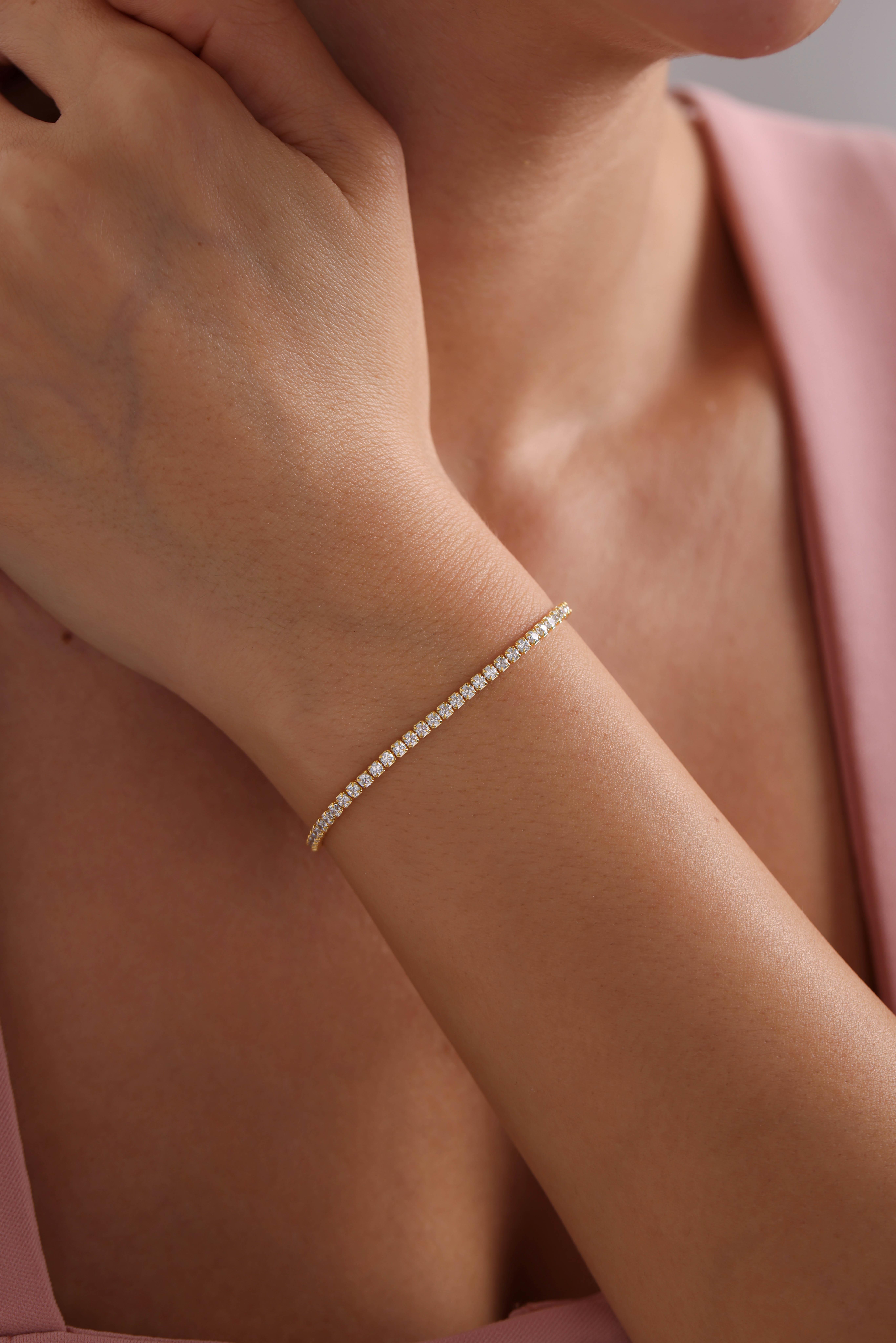 925 Ayar Gümüş Gold Kaplama 2 mm Zirkon Taşlı Suyolu Bileklik 