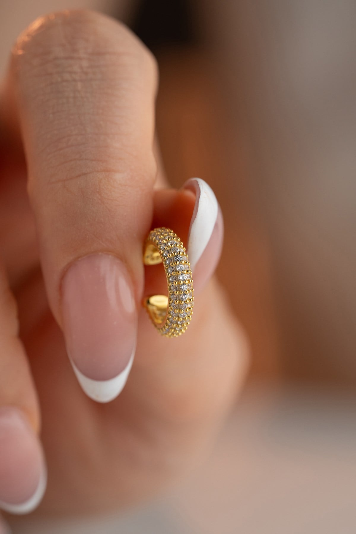925 Ayar Gümüş Gold Kaplama 3 Sıra Zirkon Taşlı Kıkırdak Küpe