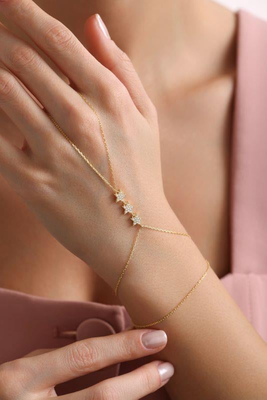 925 Ayar Gümüş Gold Kaplama 3'Lü Yıldız Model Şahmeran Bileklik 