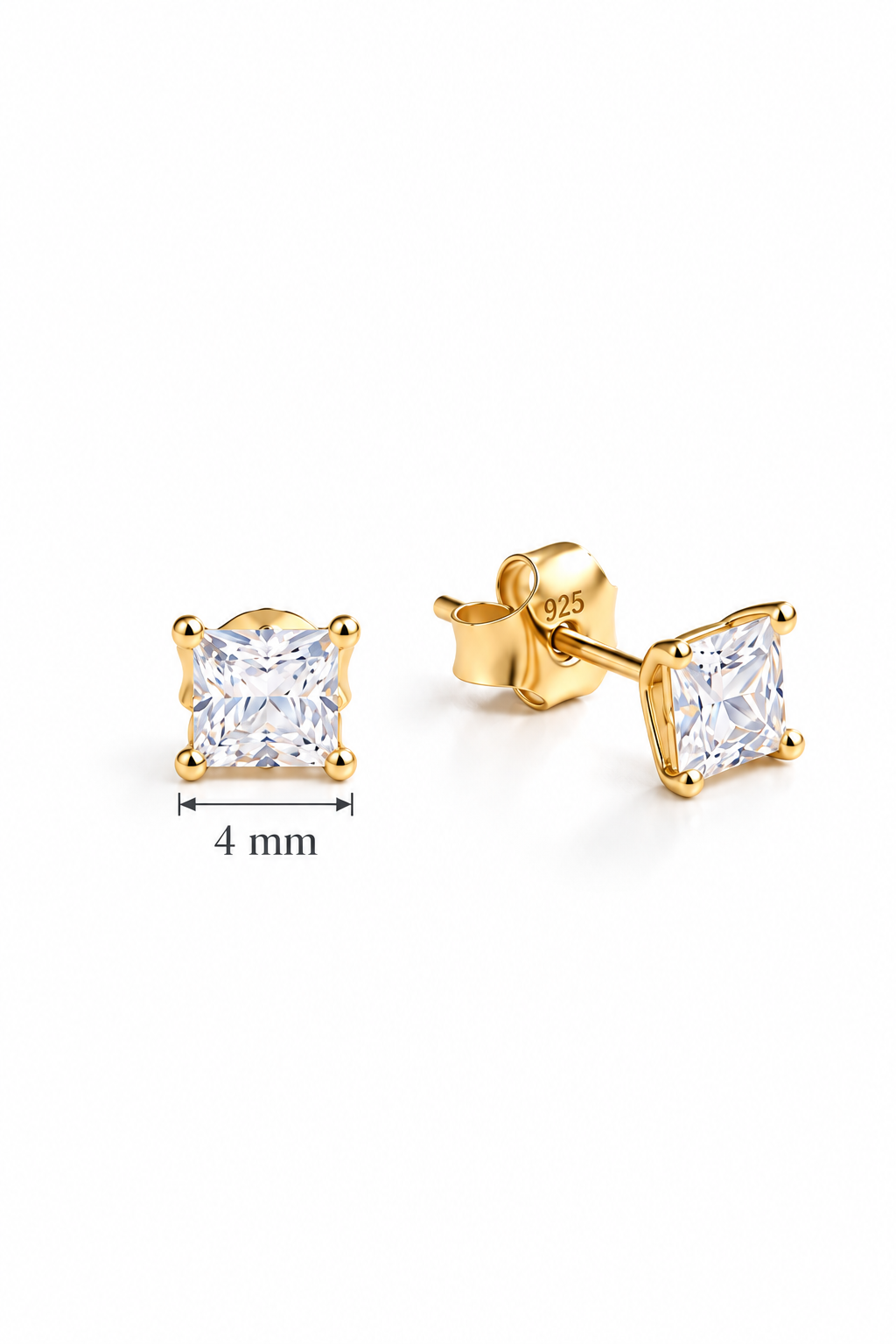 925 Ayar Gümüş Gold Kaplama 4 mm Kare Star Kesim Minimal Tektaş Küpe
