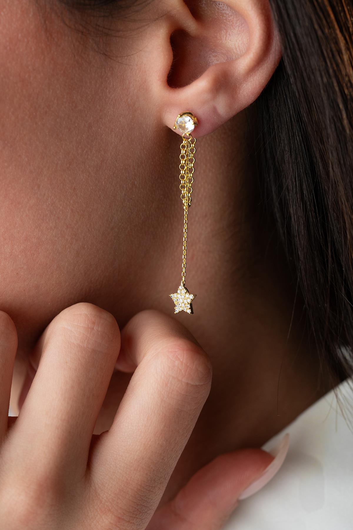 925 Ayar Gümüş Gold Kaplama 5 Mm Tektaş Sallantılı Zincir Zirkon Taşlı Yıldız Küpe