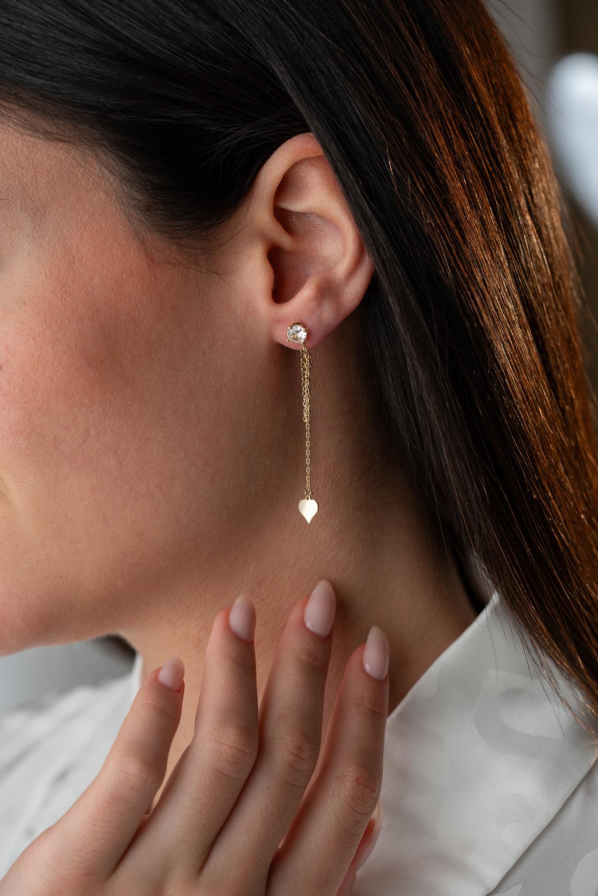 925 Ayar Gümüş Gold Kaplama 5 Mm Tektaş Sallantılı Zincir Sade Kalp Model Küpe