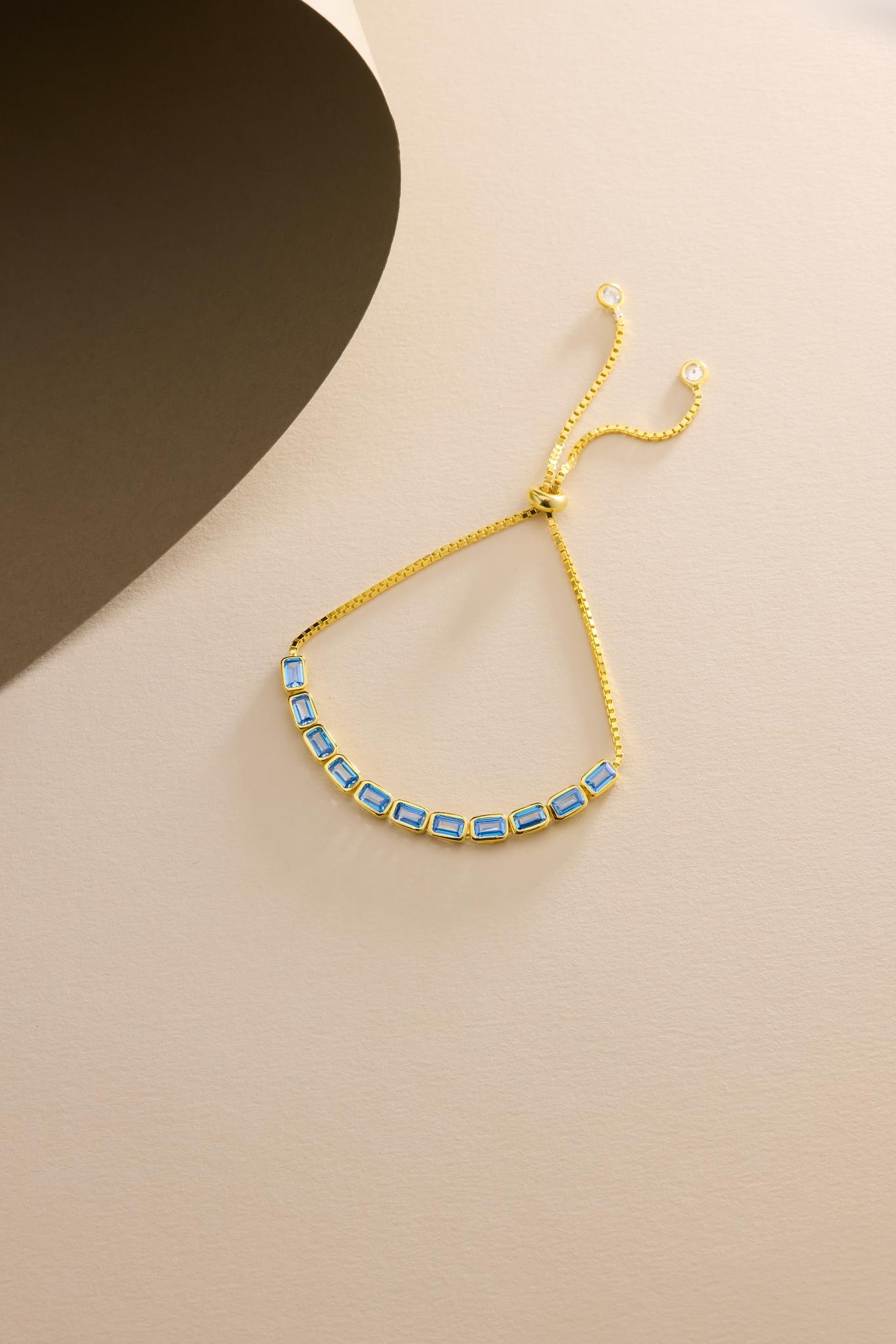 925 Ayar Gümüş Gold Kaplama Ayarlanabilir Asansörlü Sıralı Aquamarin Baget Taşlı Bileklik