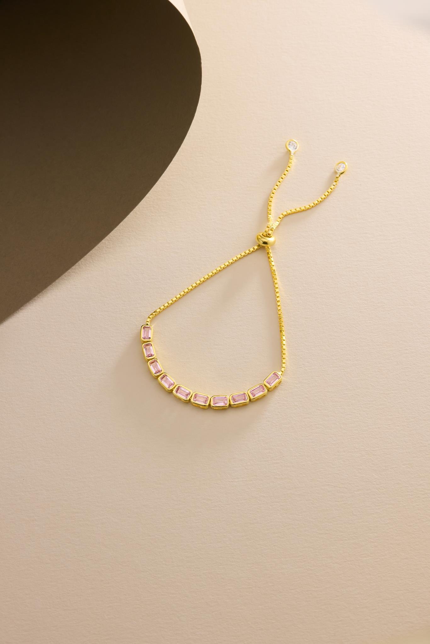 925 Ayar Gümüş Gold Kaplama Ayarlanabilir Asansörlü Sıralı Pembe Baget Taşlı Bileklik