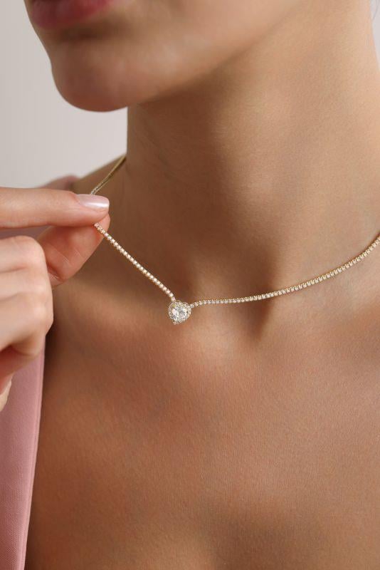 925 Ayar Gümüş Gold Kaplama Beyaz Taşlı Suyolu Kolye
