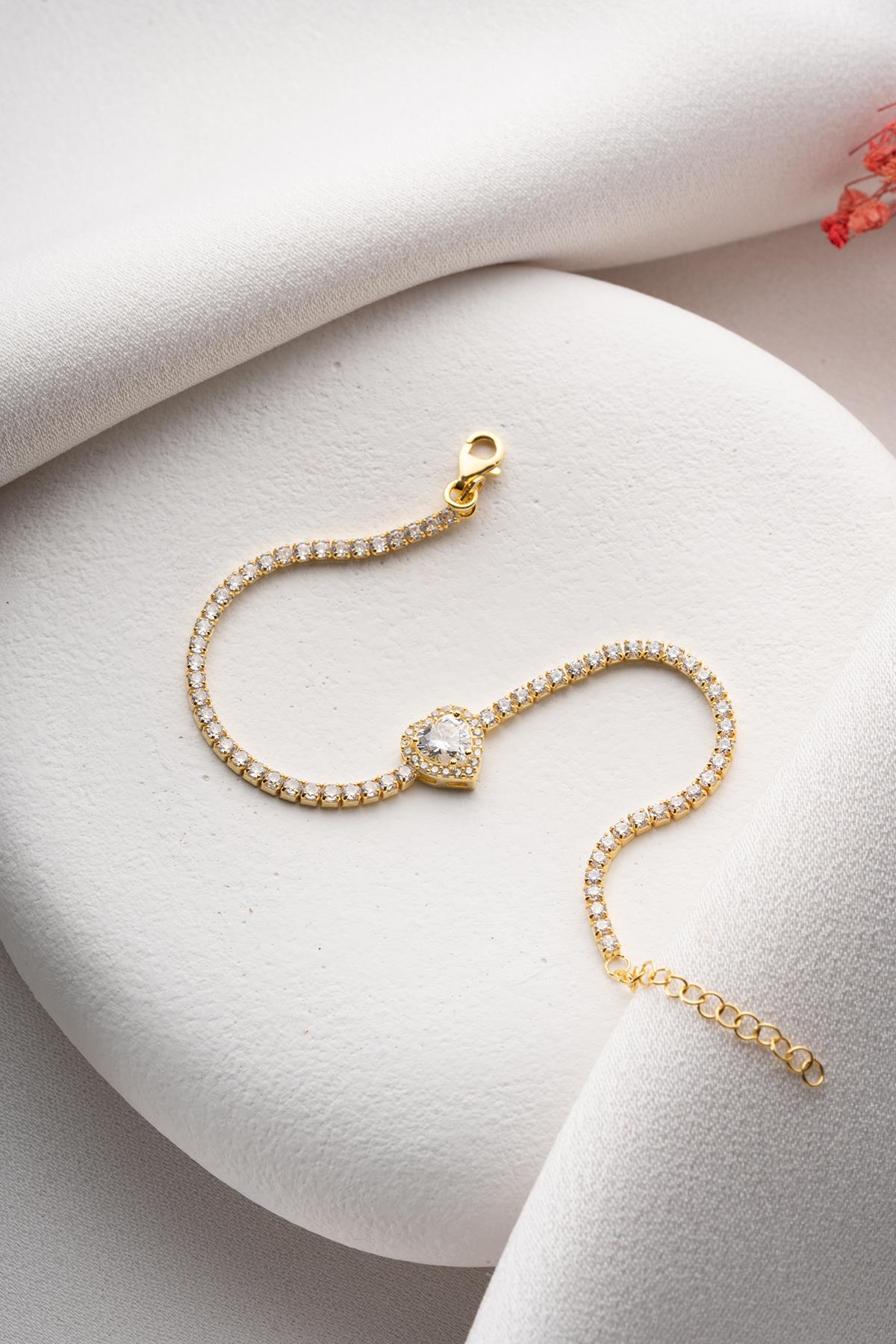 925 Ayar Gümüş Gold Kaplama Beyaz Taşlı Kalp 2 mm Zirkon Taşlı Suyolu Bileklik 