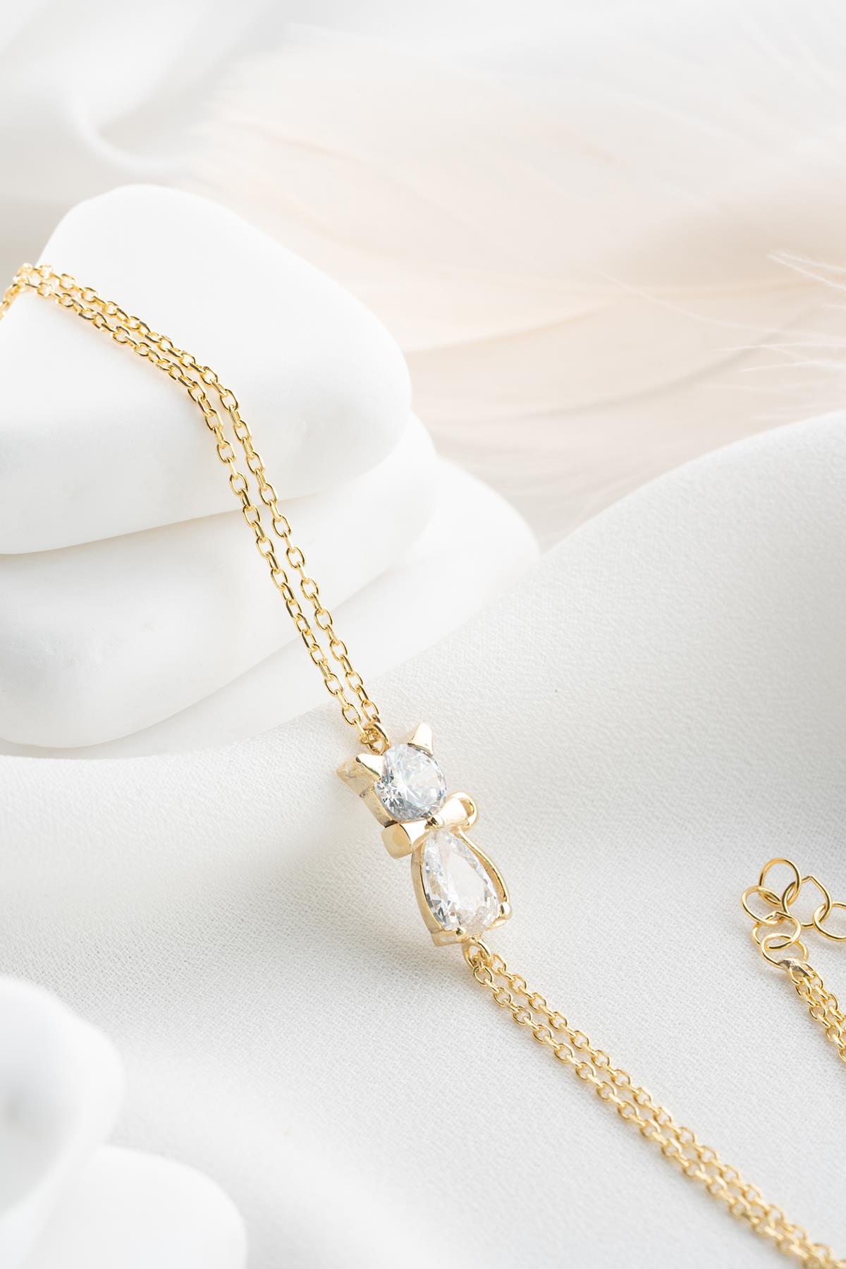 925 Ayar Gümüş Gold Kaplama Beyaz Zirkon Taşlı Kedi Bileklik