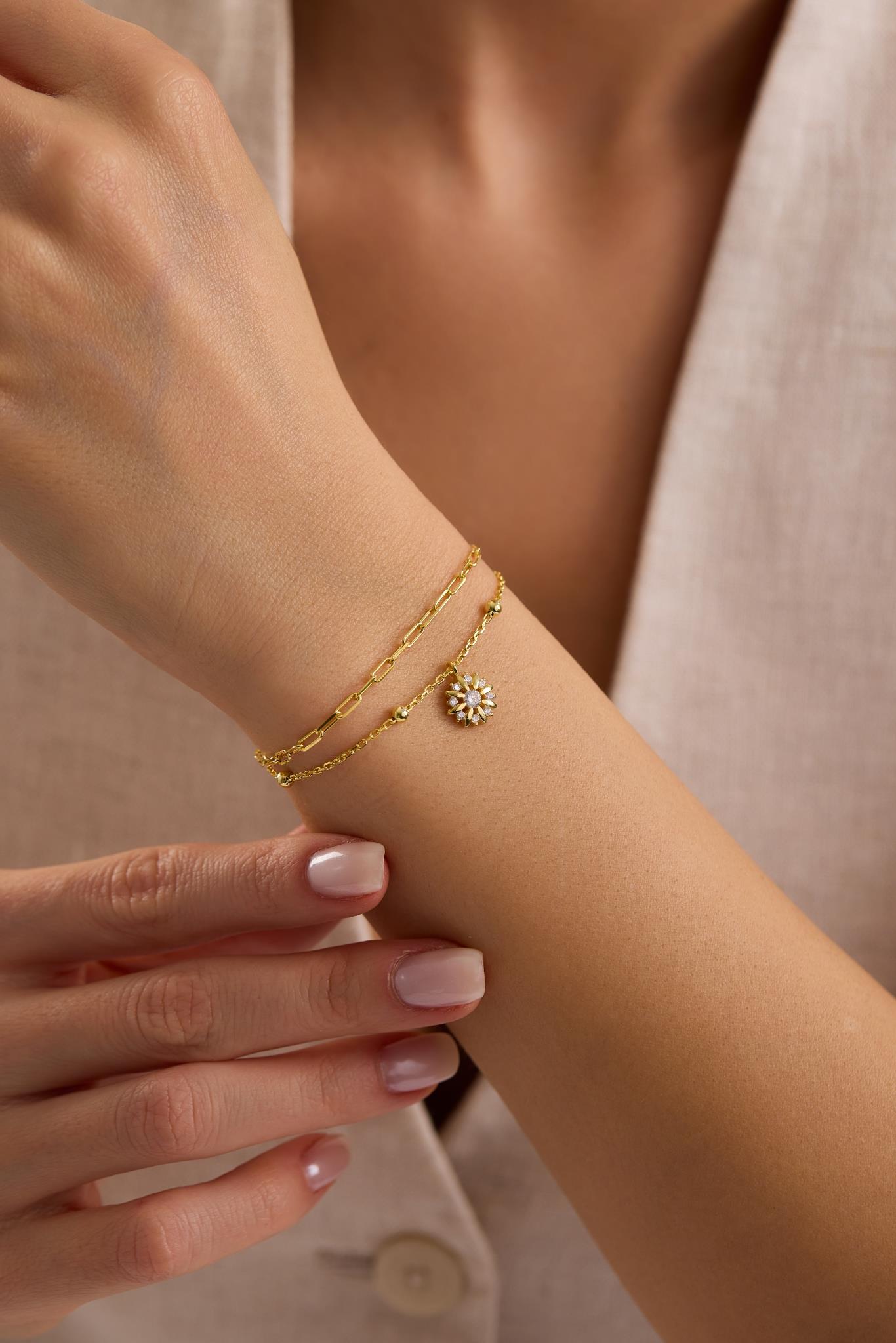 925 Ayar Gümüş Gold Kaplama Çift Zincirli Güneş Model Bileklik