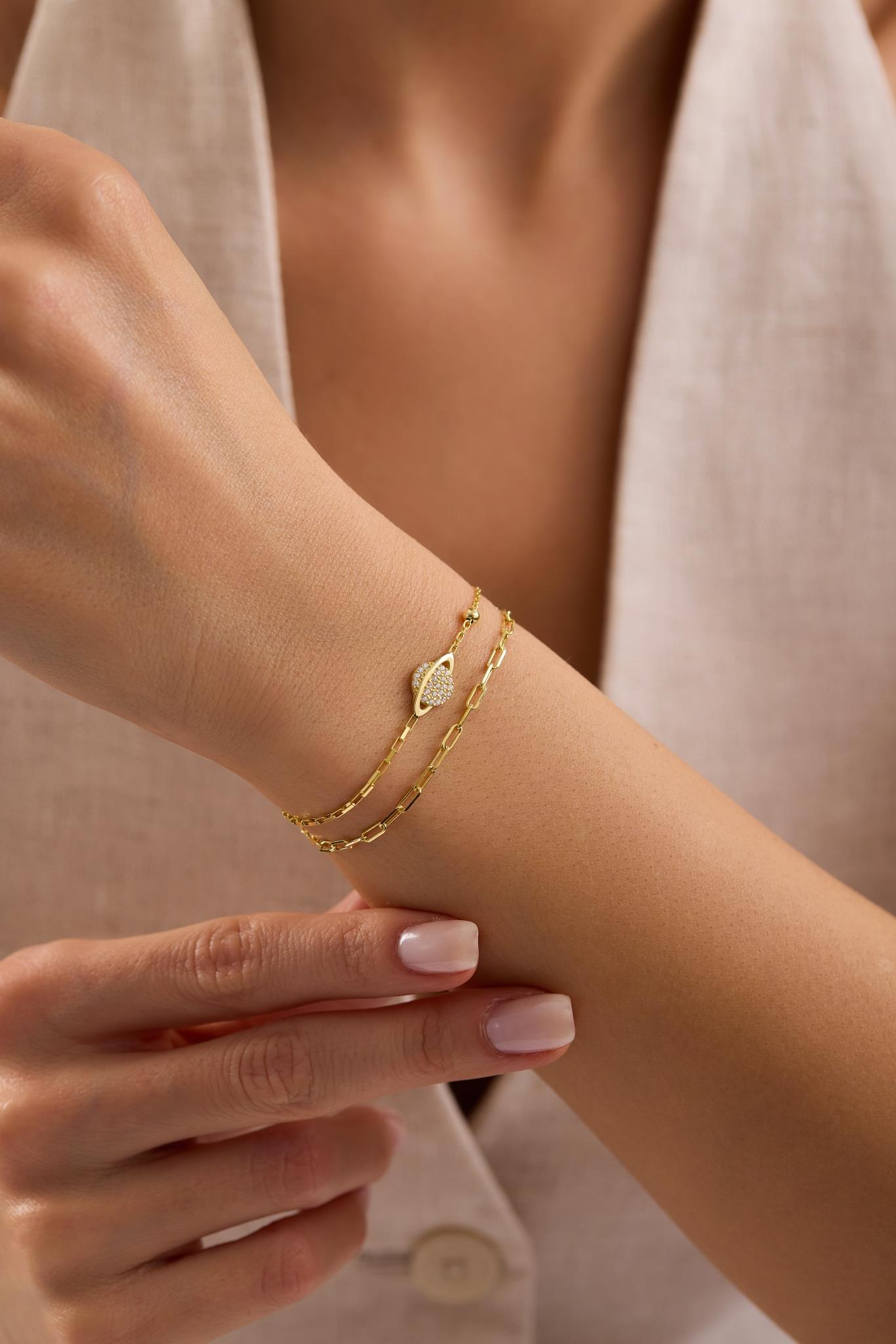 925 Ayar Gümüş Gold Kaplama Çift Zincirli Gezegen Model Bileklik
