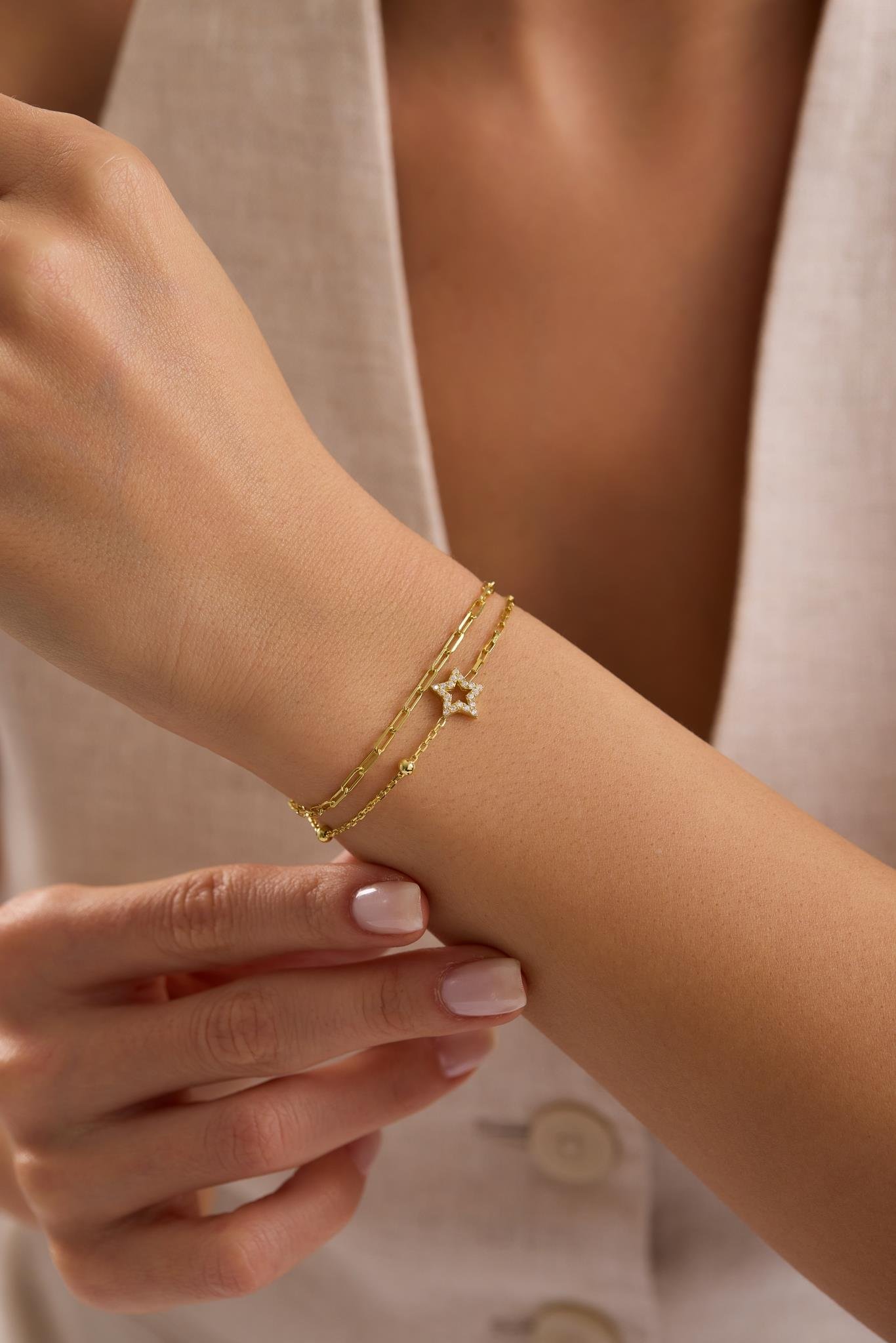 925 Ayar Gümüş Gold Kaplama Çift Zincirli Yıldız Model Bileklik