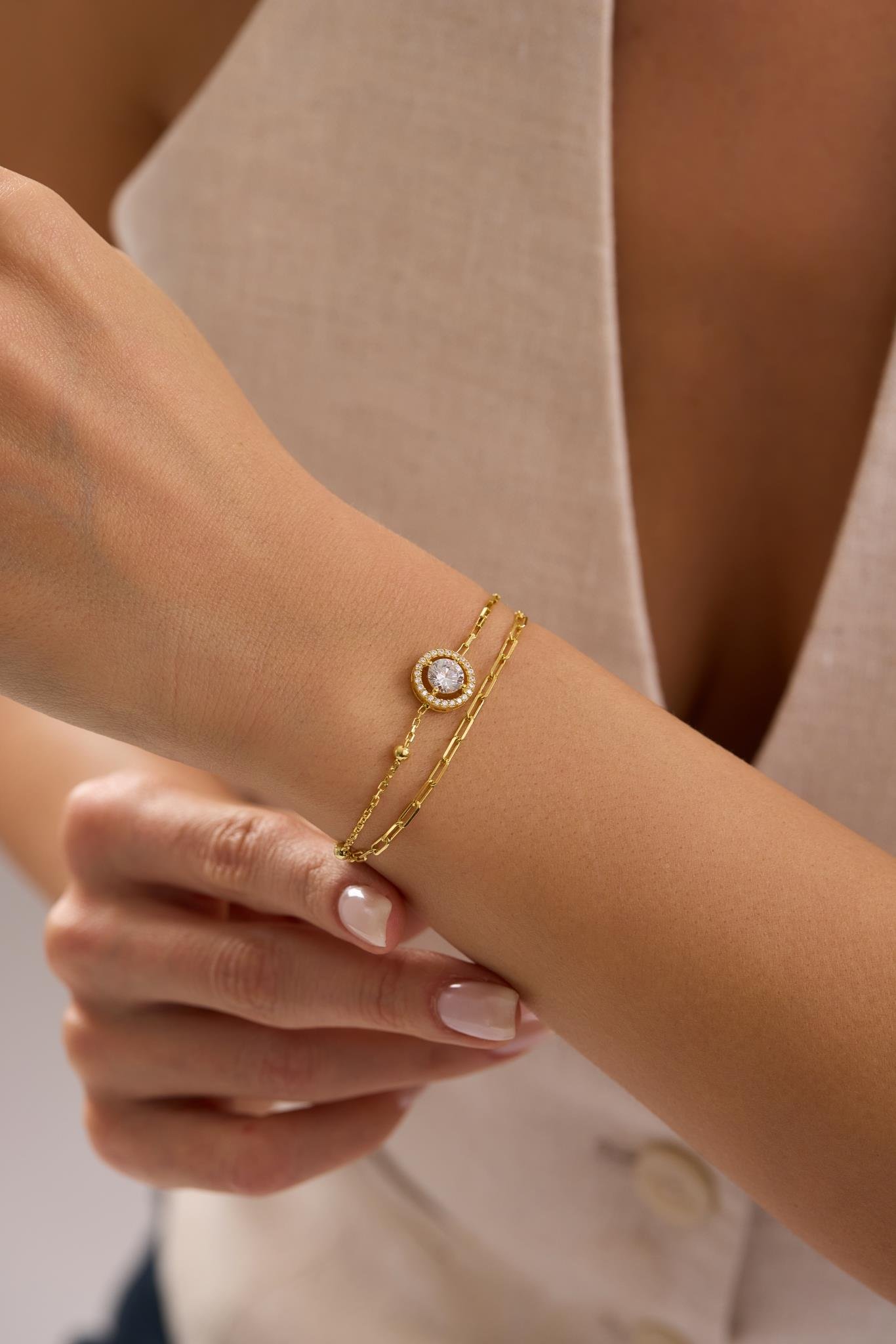 925 Ayar Gümüş Gold Kaplama Çift Zincirli 6 mm Tektaş Yuvarlak Model Bileklik