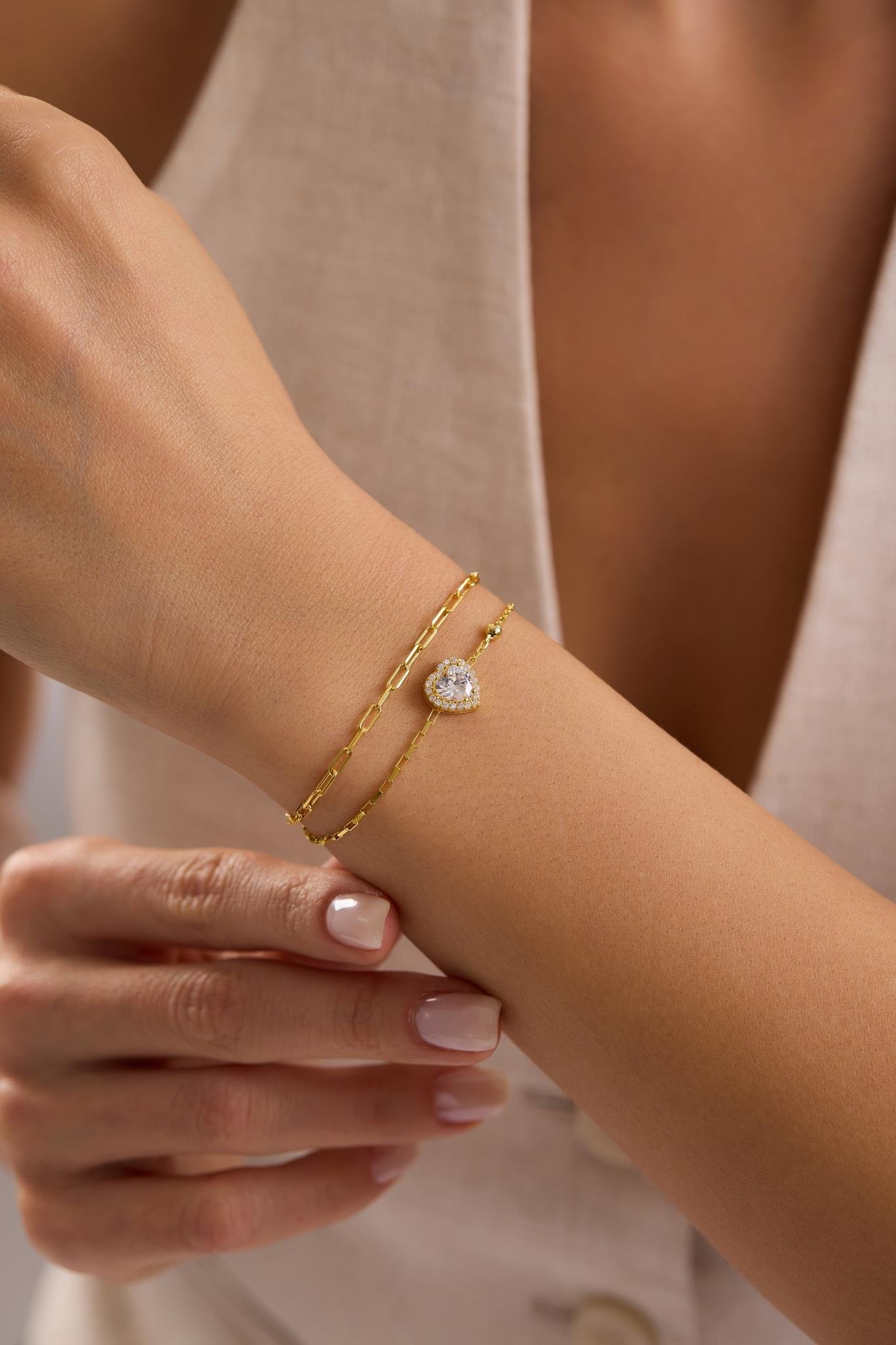 925 Ayar Gümüş Gold Kaplama Çift Zincirli Tektaş Kalp Model Bileklik