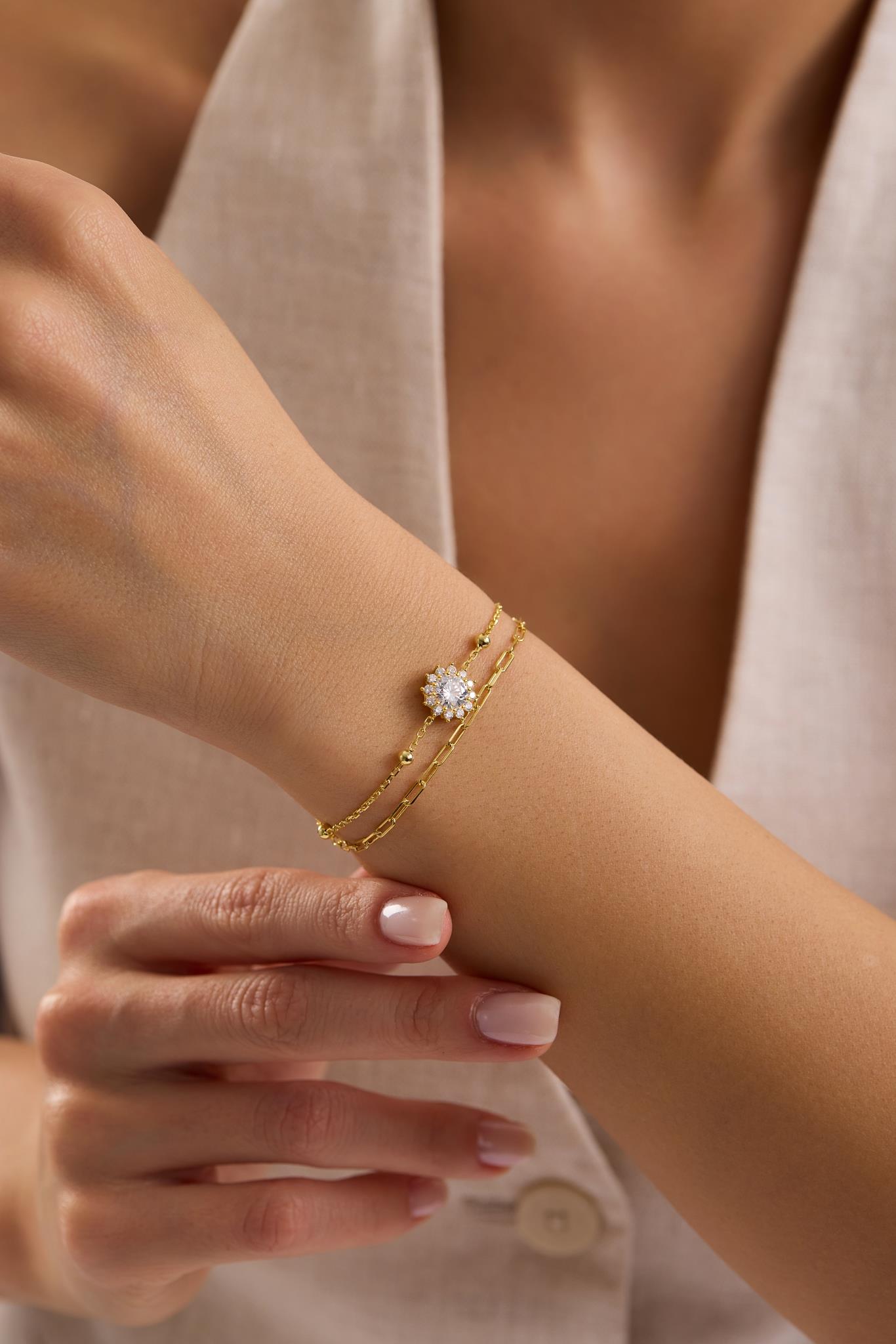 925 Ayar Gümüş Gold Kaplama Çift Zincirli Pırlanta Montür Tektaş Bileklik