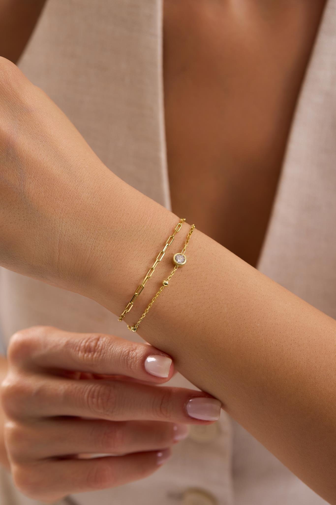 925 Ayar Gümüş Gold Kaplama Çift Zincirli 5 mm Tektaş Model Bileklik