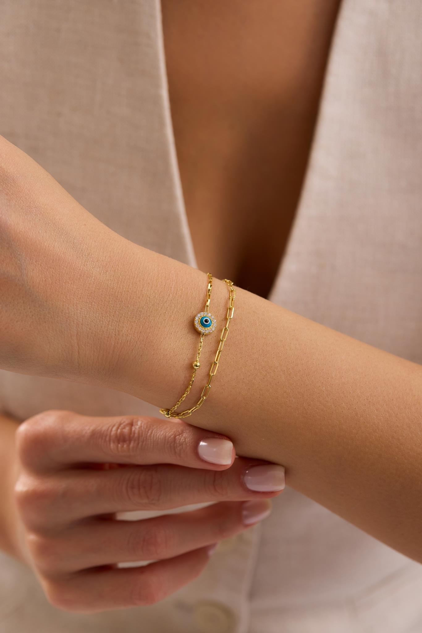 925 Ayar Gümüş Gold Kaplama Çift Zincirli Nazar Göz Model Bileklik