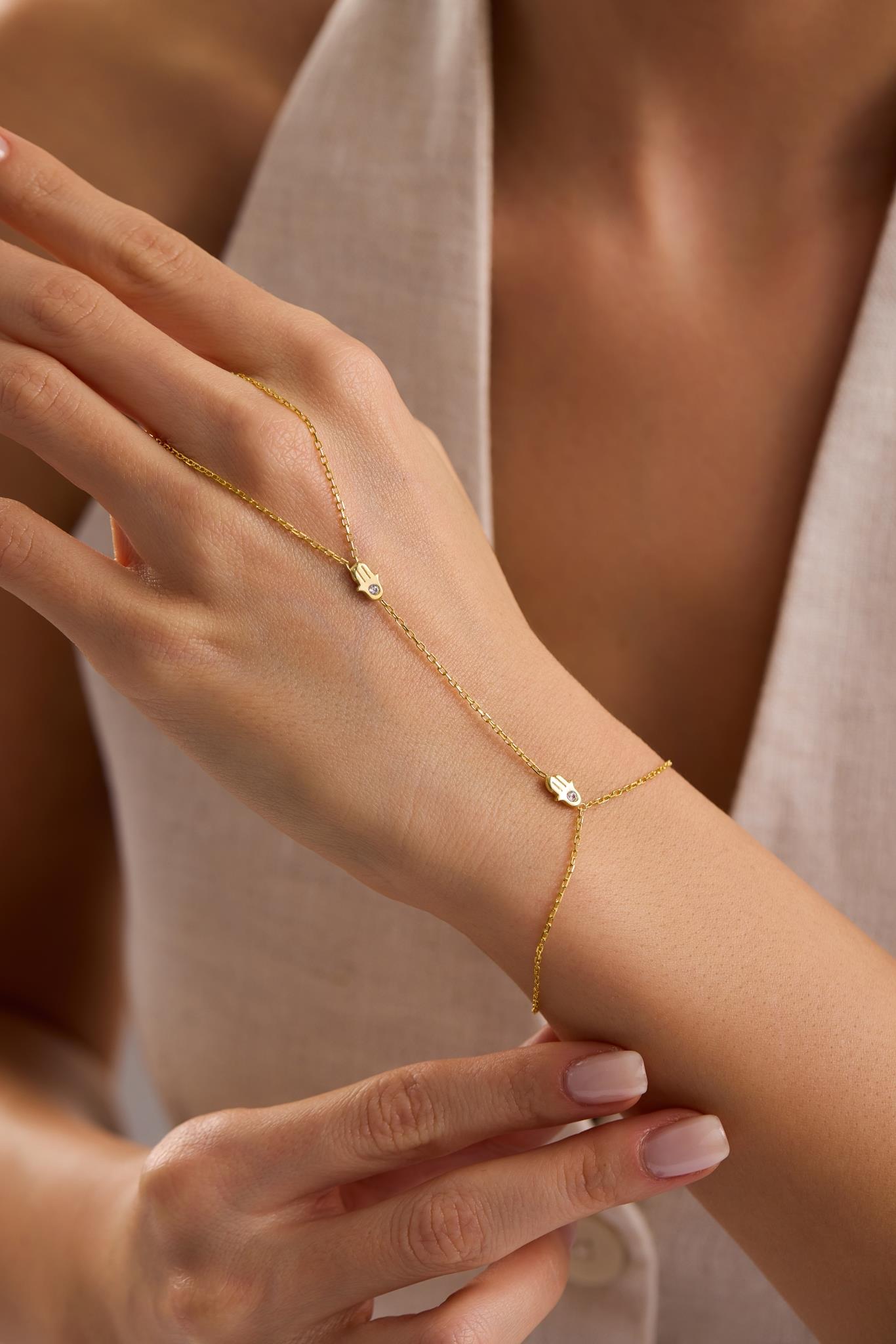 925 Ayar Gümüş Gold Kaplama Fatma  Ana Eli Şahmeran Bileklik 