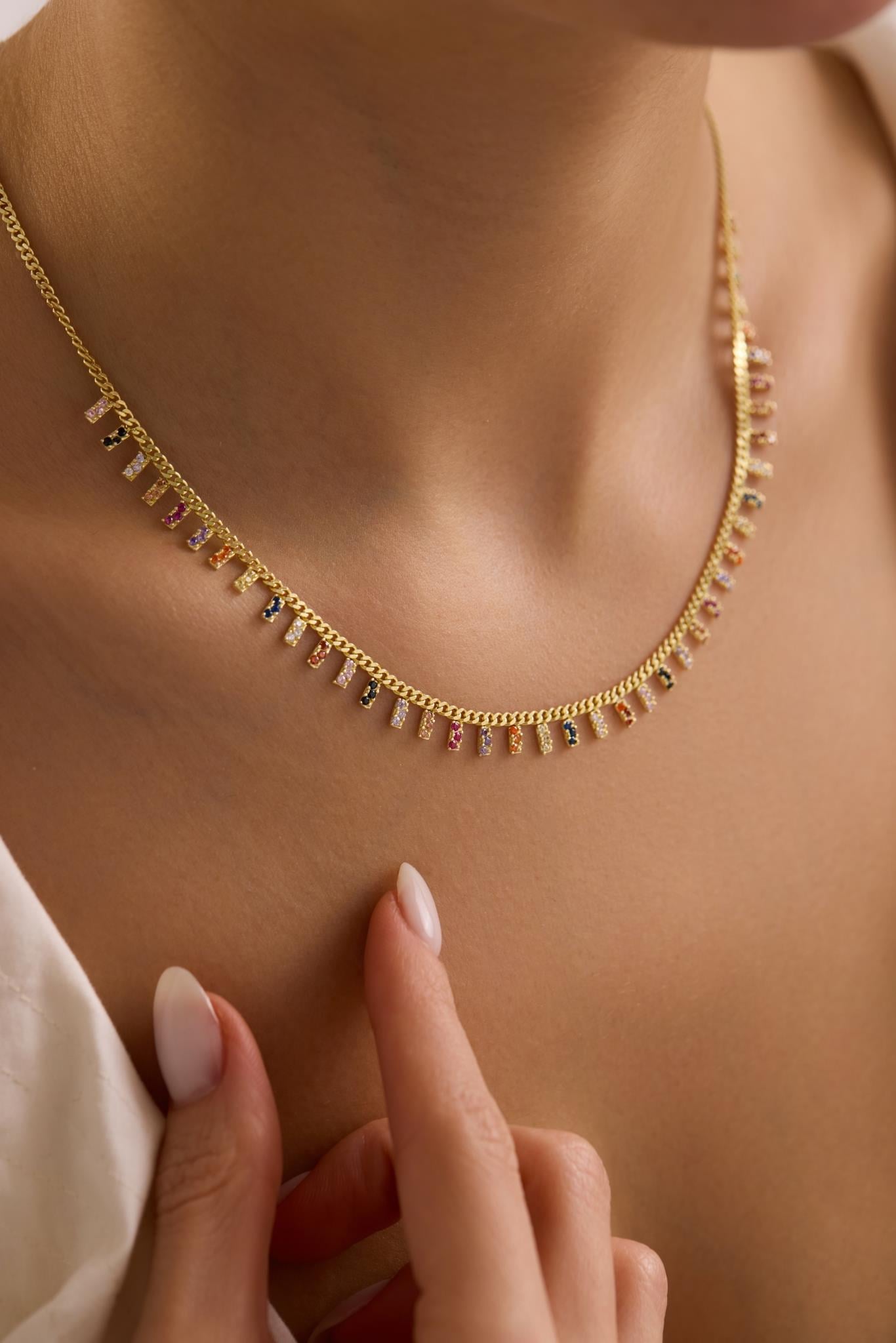 925 Ayar Gümüş Gold Kaplama Gurmet Zircirli Mix Zirkon Taşlı Çubuk Model Kolye