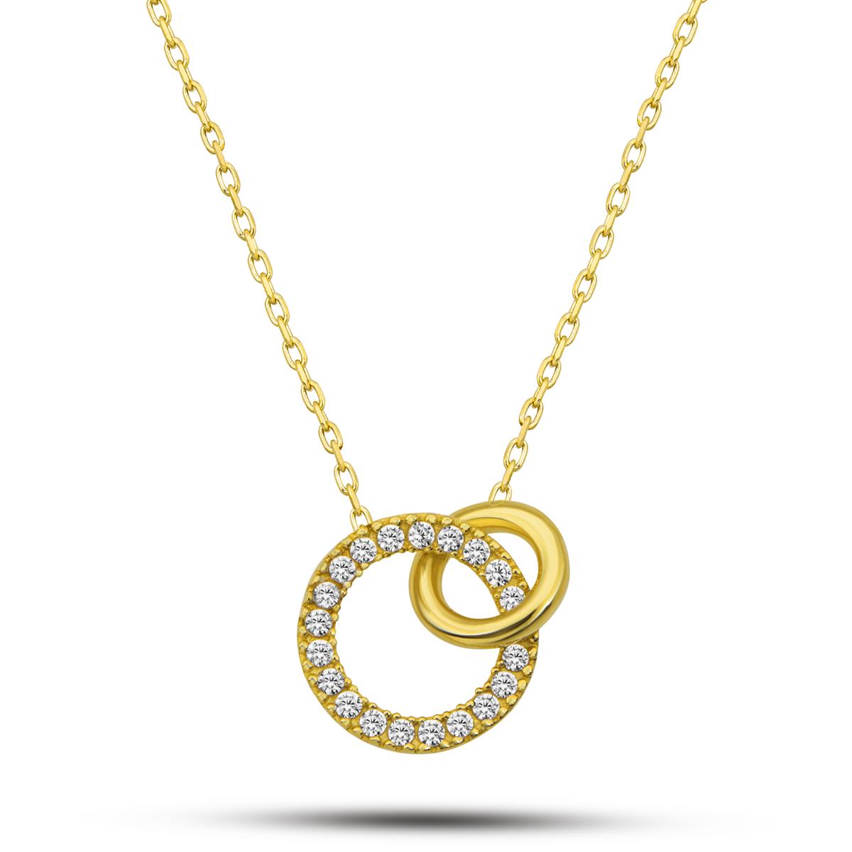 925 Ayar Gümüş Gold Kaplama İç İçe Geçmiş Çift Halka Tasarım Kolye