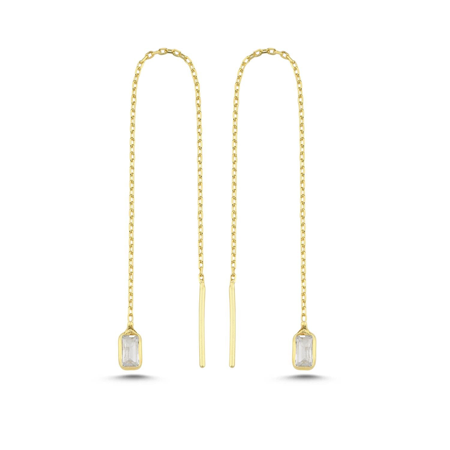 925 Ayar Gümüş Gold Kaplama Minik Baget Taşlı Zincir Küpe