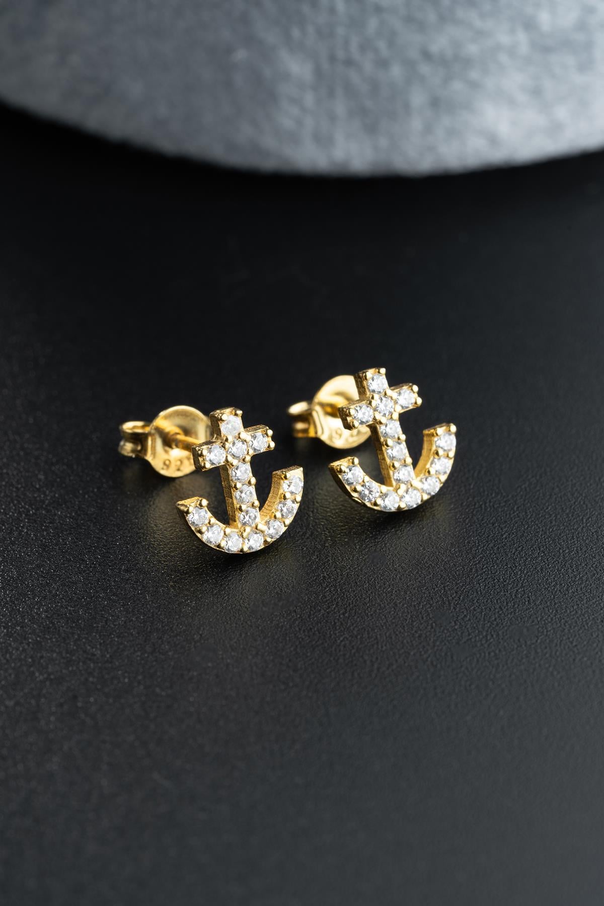 925 Ayar Gümüş Gold Kaplama Minik Zirkon Taşlı Gemi Çapası Küpe