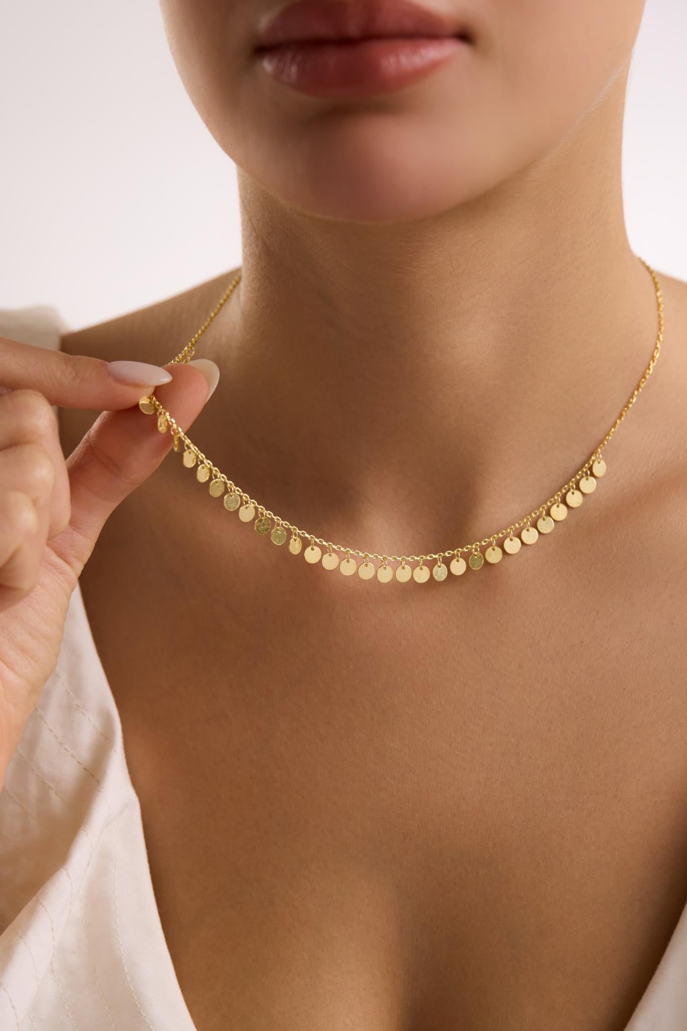 925 Ayar Gümüş Gold Kaplama Minimal Pullu Model Kolye