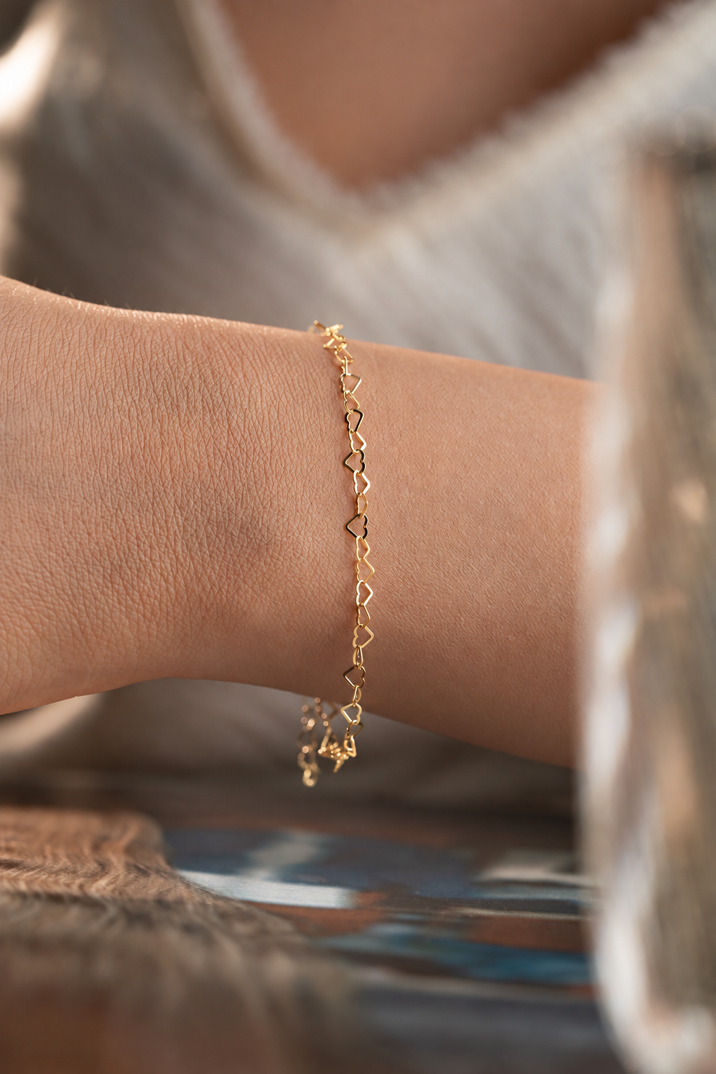 925 Ayar Gümüş Gold Kaplama Minimal Sade Sıralı Kalp Bileklik