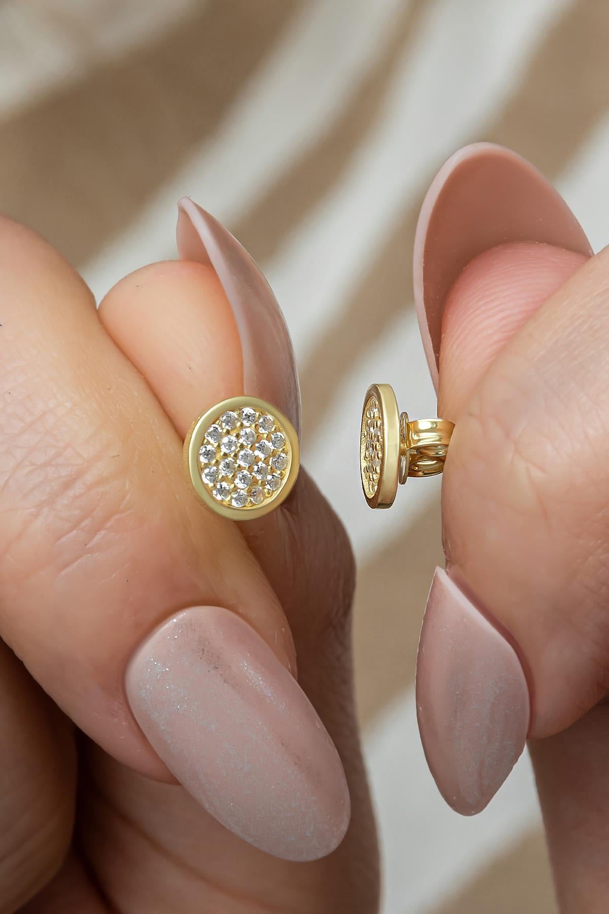 925 Ayar Gümüş Gold Kaplama Minimal Yuvarlak Küpe