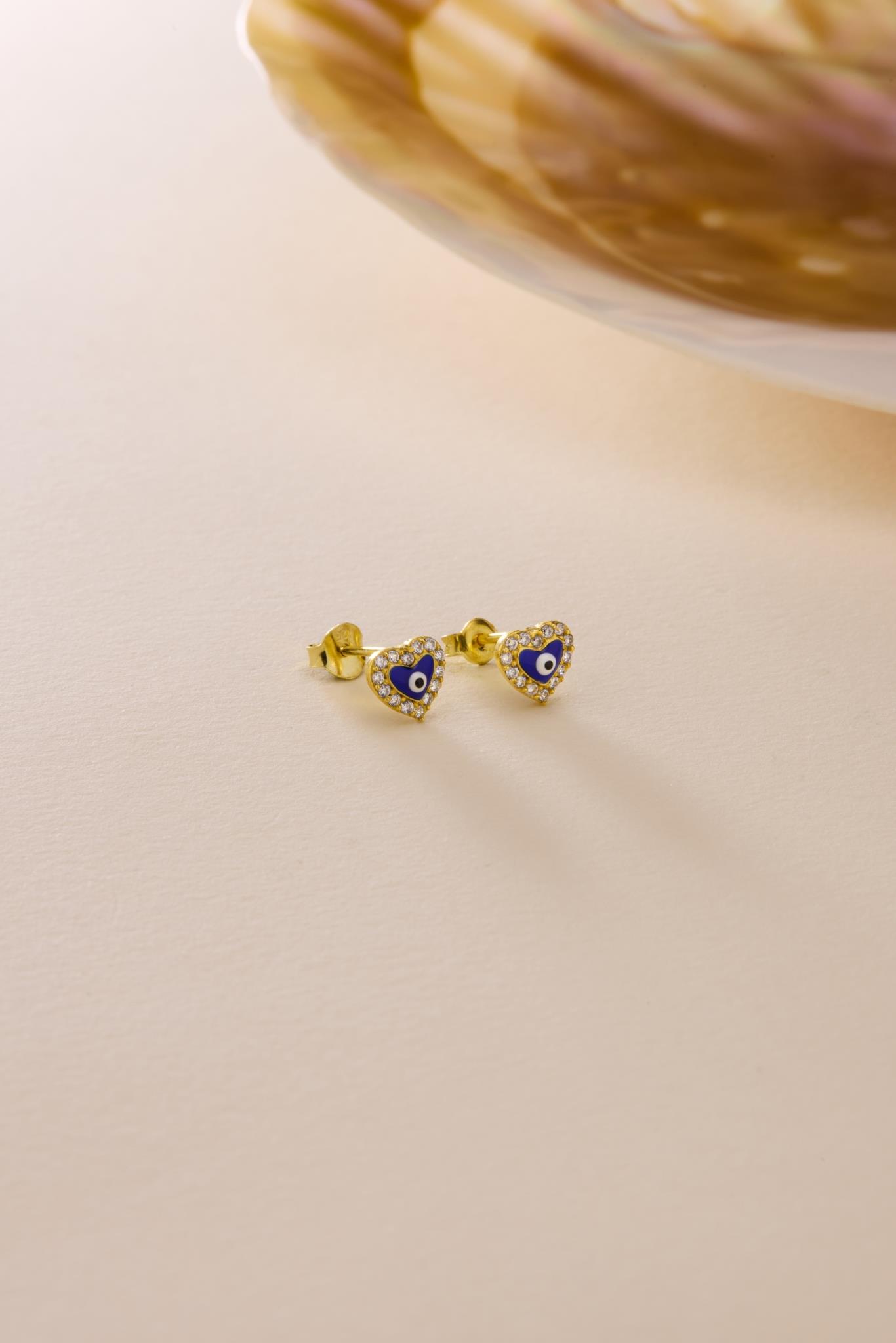 925 Ayar Gümüş Gold Kaplama Nazar Kalp Model Küpe