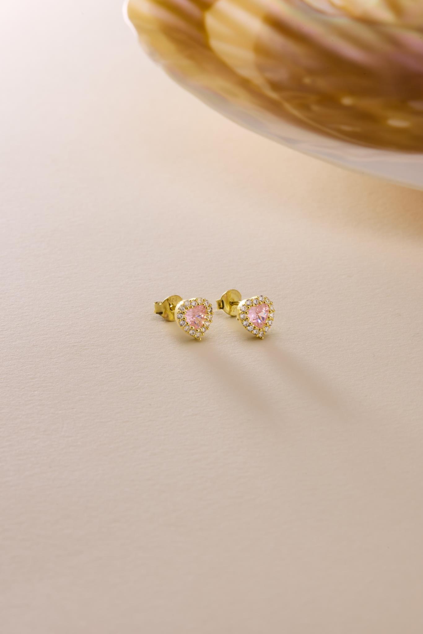 925 Ayar Gümüş Gold Kaplama Pembe Taşlı Kalp Model Küpe